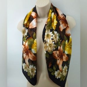 Vintage Square Floral Neck Scarf Satin Style Flowers Black Made in Korea